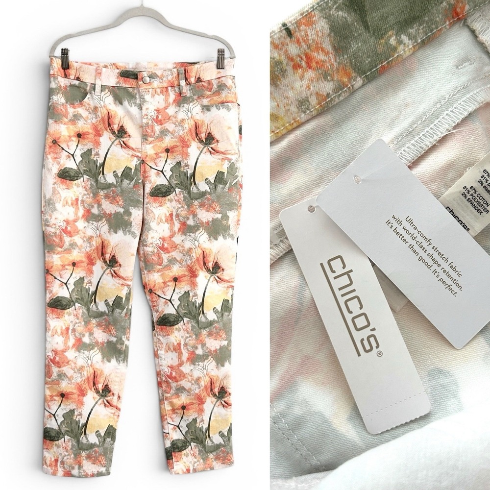 Chico's M Multicolor Floral Perfect Stretch Girlfriend Slim Ankle Jeans 1.5 NWT